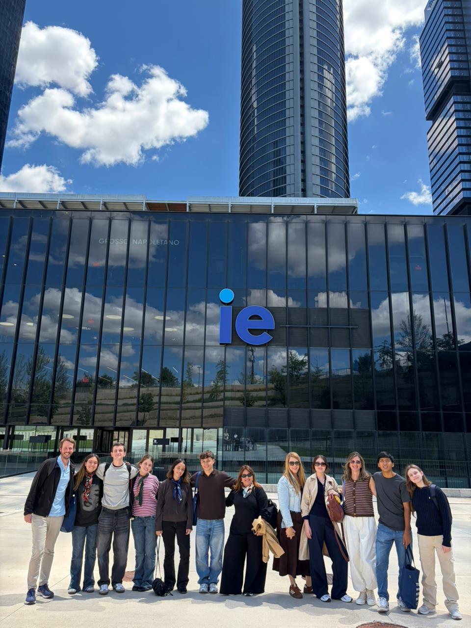 Students in front of IE University towers in Madrid